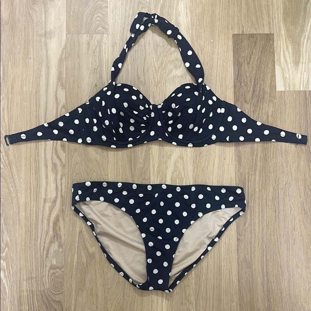 J.Crew Black and Cream Polka Dot Swimwear